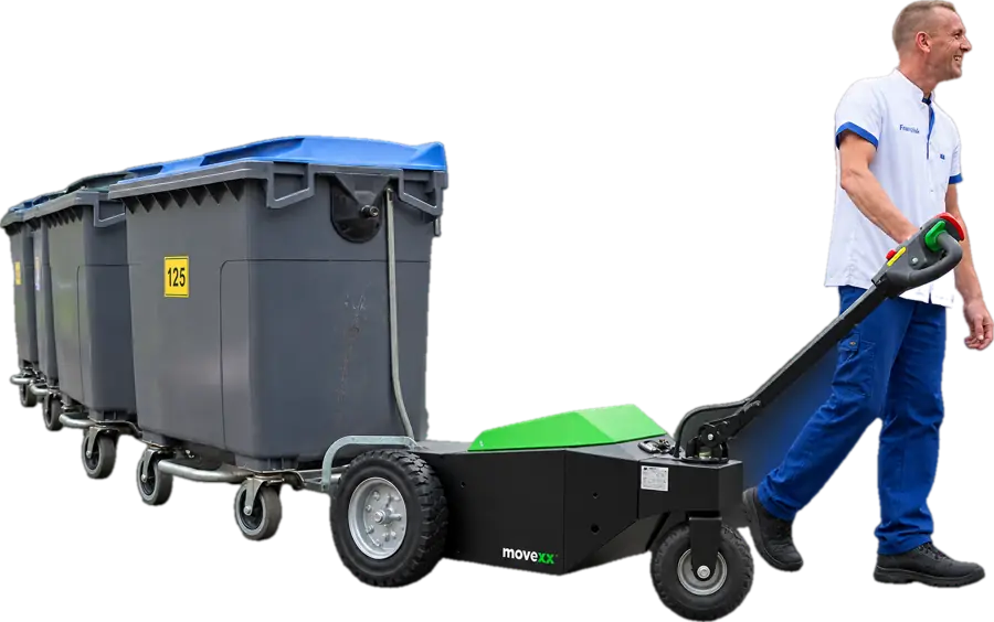 MOVEXX electric tug towing a train of waste containers